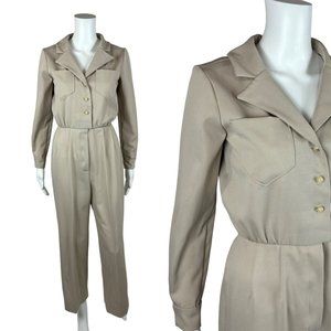 70s Tan Jumpsuit Women's Extra Small Solid Boilersuit Vintage Coveralls